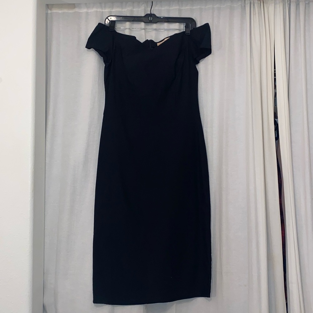 Black stretch off-shoulder cocktail dress with sweetheart neckline
